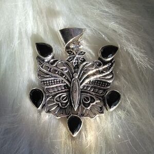 Black Onyx Butterfly Silver Plated Gemstone Necklace Pendant